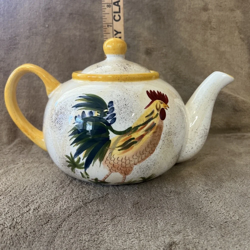 AMERICAN ATELIER Teapot & Lid Round Rooster‎ Handpainted Earthenware 5242
